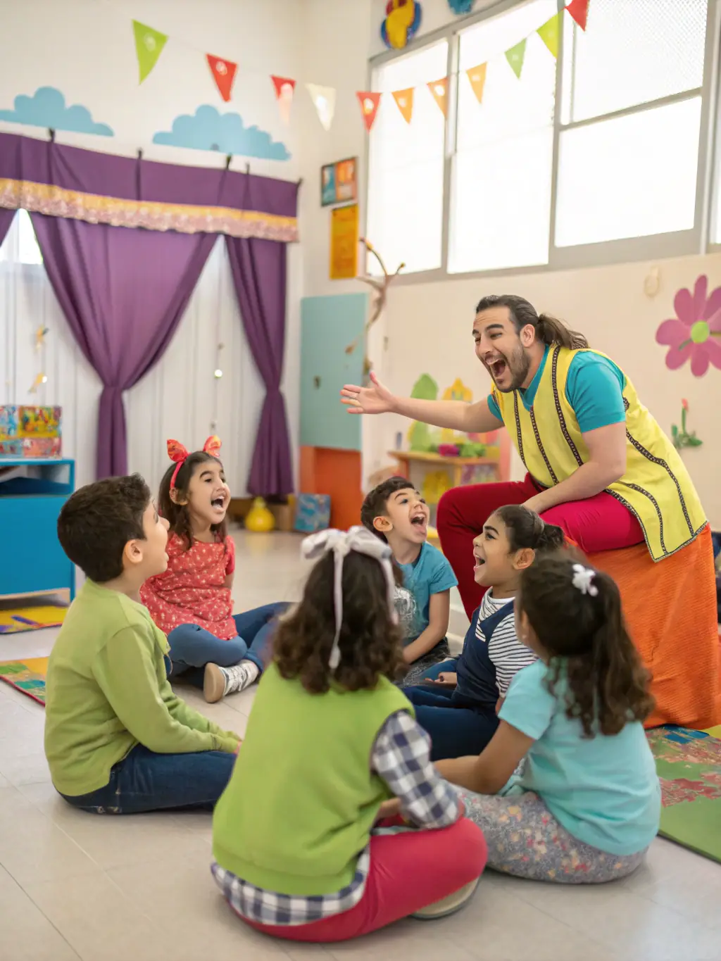A candid shot of a group of children in casual clothes, reading scripts and laughing together in a rehearsal room decorated with show posters, for an audition prep class card.
