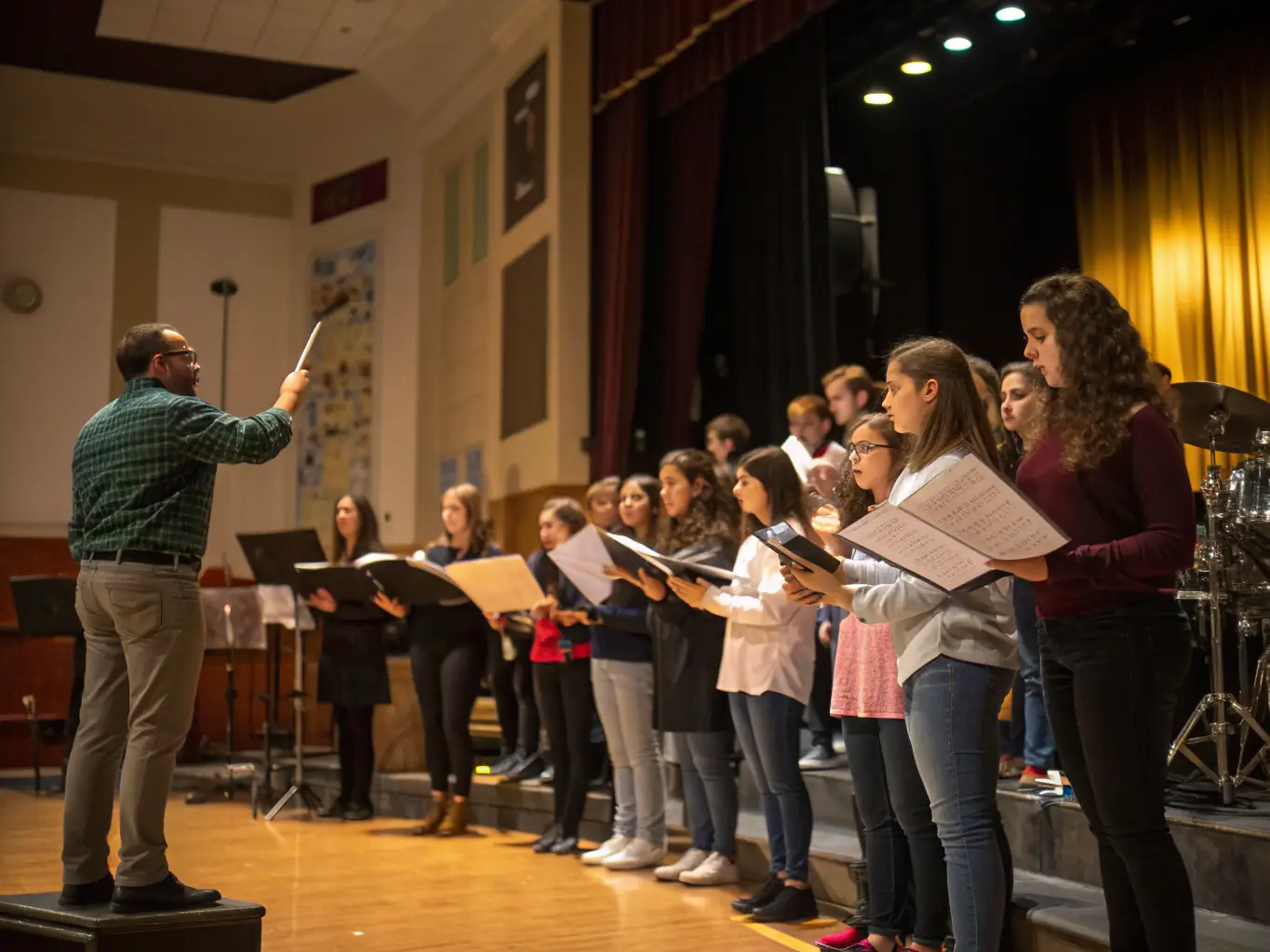A bright, inviting photo of children playing violins and singing together on a stage with navy blue and gold accents, capturing the energy of a youth music class at a performing arts school.