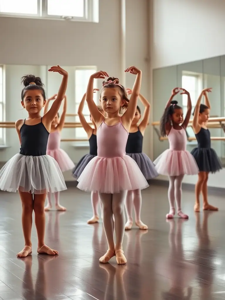 A vibrant photo of young students in dance attire practicing ballet in a sunlit, elegant studio with navy and gold accents, conveying energy and focus for a performing arts class card.