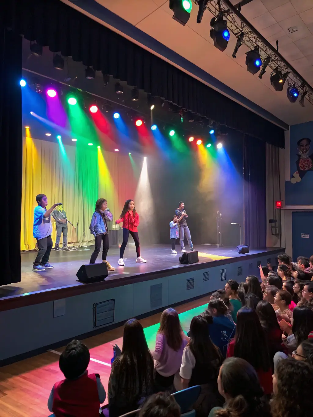 A vibrant scene of students in elegant dance costumes mid-leap, with dynamic stage lighting and a polished theater set, radiating energy and joy.