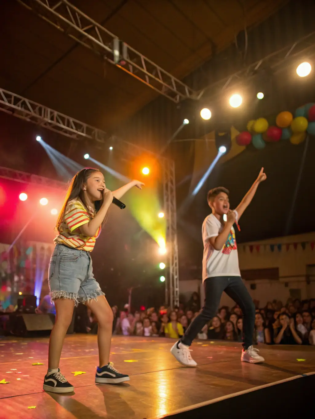 A dynamic image of teens singing and acting on a stage with dramatic theater lighting, navy curtains, and gold highlights, perfect for a musical theater workshop card.