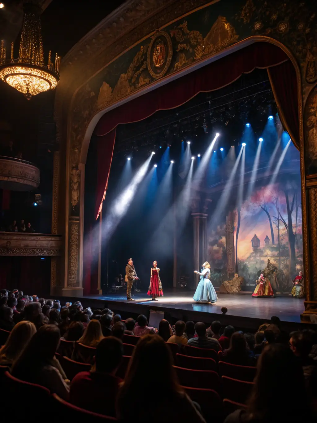A dramatic stage scene with young actors in colorful costumes performing under golden spotlights, navy blue curtains framing the set, and an enthusiastic audience in the background, evoking the excitement of opening night at a youth theater.