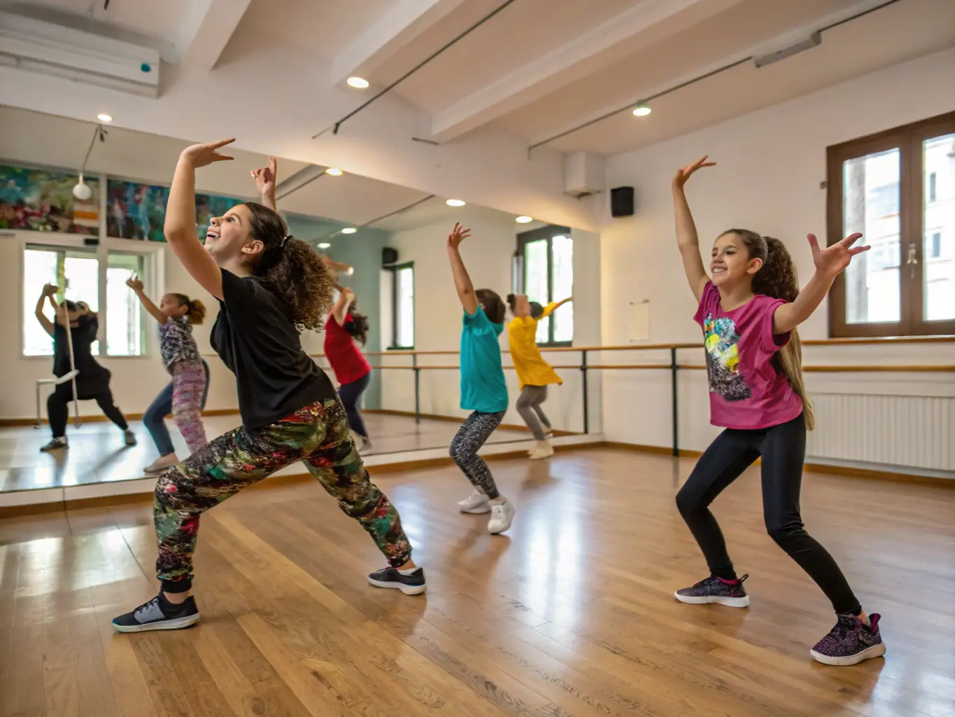 A dynamic image of young dancers in coordinated costumes performing a jazz routine under stage lights, with a navy blue curtain and gold highlights, representing a dance class at a youth performing arts academy.